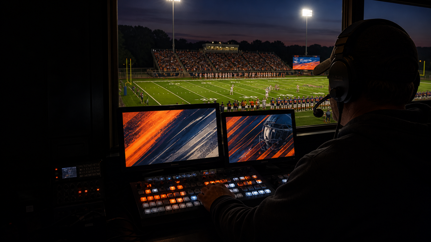 A high school video board operator running game night from the press box